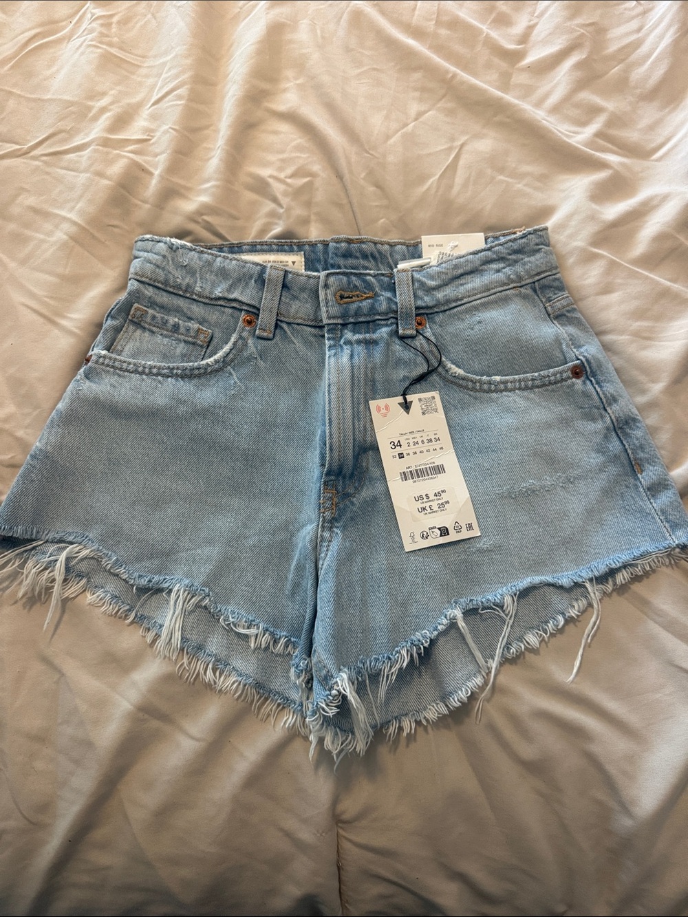 Zara Light Blue Distressed High-Waist Mini A-Line Denim Shorts Size 2 NWT